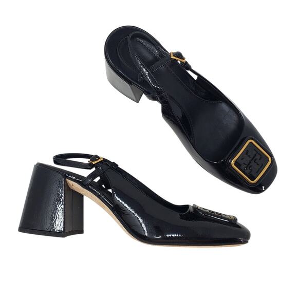Tory Burch Georgia Slingback Pumps 70MM Naplack Cow Perfect Black 137065 Size 8 - Picture 1 of 11